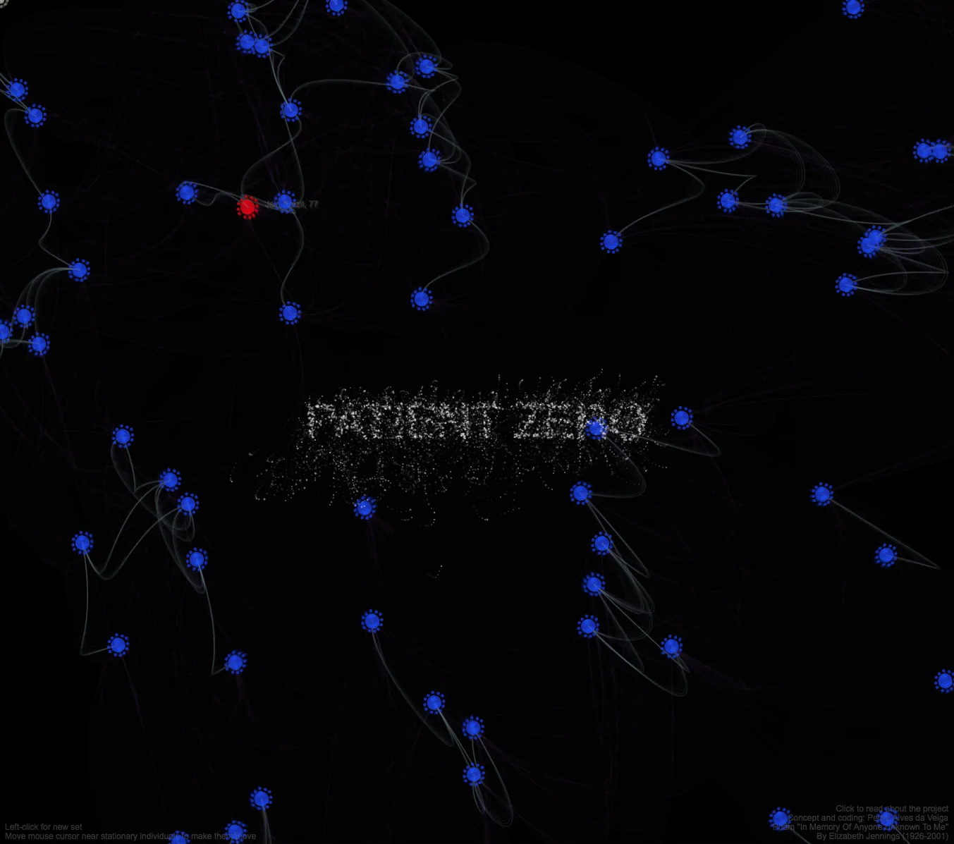 Captura de ecrã de Patient Zer0: pontos azuis ligados por arcos finos sobre fundo negro; ao centro, as palavras PATIENT ZERO formadas por partículas.