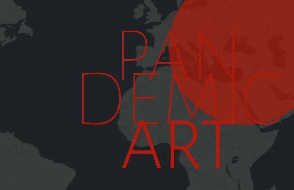 Cartaz de Pandemic Art: letras vermelhas sobre um mapa escuro.