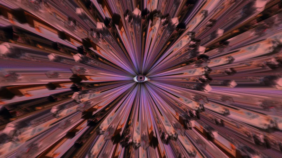 Fotograma de G.O.D.: raios simétricos com fragmentos de imagens alteradas.