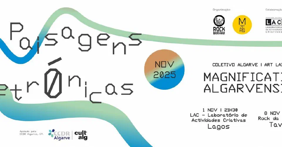 Cartaz de Paisagens Eletr0nicas 2025, com Magnificatio Algarvensis em Lagos, a 1 de novembro, e em Tavira, a 8 de novembro