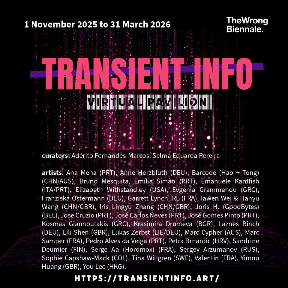 Cartaz do pavilhão virtual Transient Info, de 1 de novembro de 2025 a 31 de março de 2026, com a lista de artistas